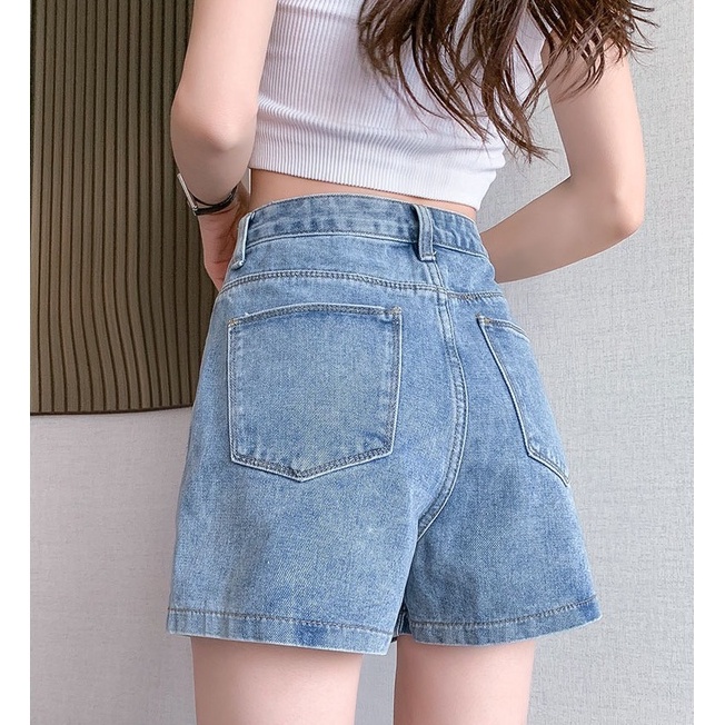 Quần Short Jeans Nữ TDSHOPNT Lưng Cao Xanh Nhạt Thiết Kế Nắp Túi Cá Tính - QS34
