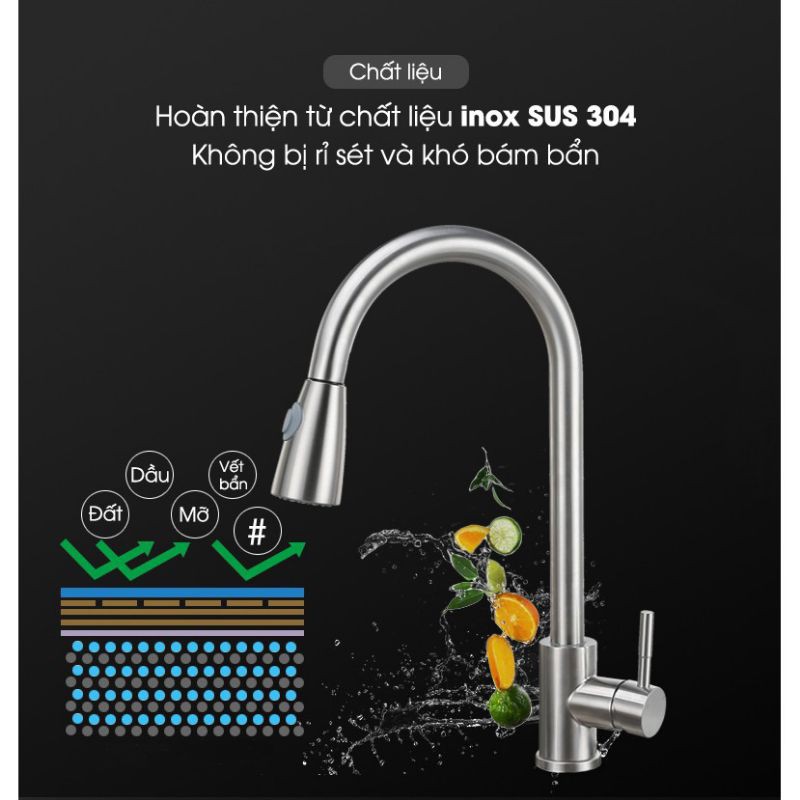 [ Malaysia ] Vòi nước rửa chén bát Nóng lạnh inox 304- Vòi rửa chén dây rút đa năng