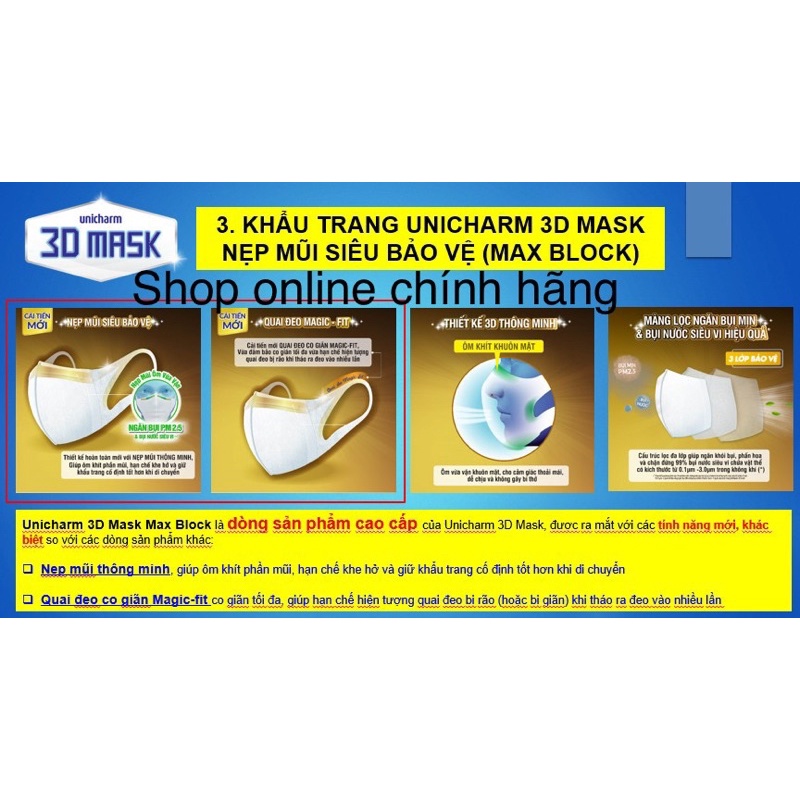 Khẩu trang unicharm 3D mask max block nẹp mũi siêu bảo vệ size M 5 miếng/gói