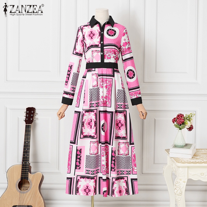 Đầm maxi ZANZEA cổ bẻ in họa tiết phong cách vintage thời trang dành cho nữ