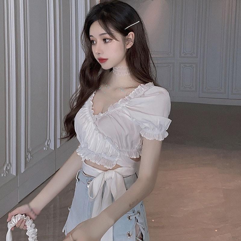 Áo croptop tay ngắn cổ chữ V màu trơn phối dây đan chéo kiểu dáng retro phong cách Hàn Quốc