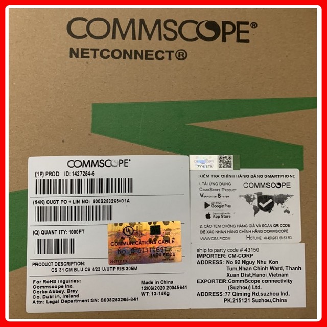 Dây Mạng COMMSCOPE/AMP Cat6 UTP Bấm sẵn 2 đầu 3m-10m (xanh) Test thông mạng trước khi giao