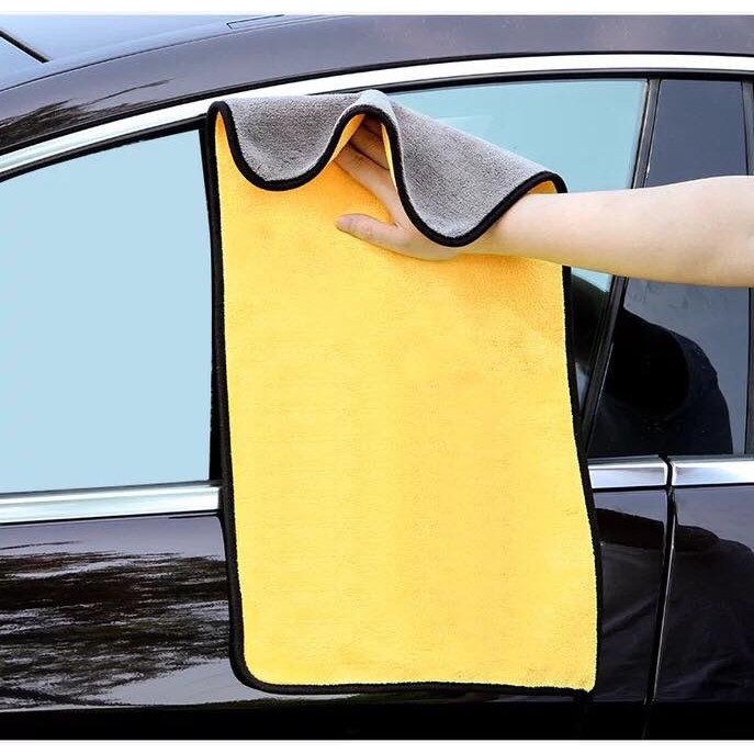 Khăn lau ô tô microfiber 2 mặt 2 lớp,màu vàng và ghi siêu dày dặn thấm hút tốt dành cho ô tô