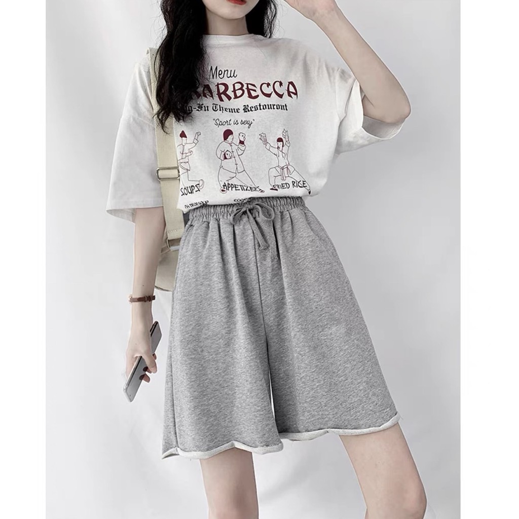 Set quần đùi xám kèm áo thun Menu nữ - Bộ đồ short ống rộng, phông tay lỡ oversize in hình cá tính Ulzzang SIÊU ĐẸP