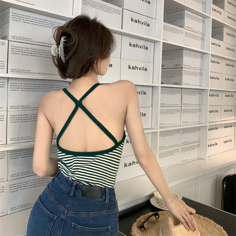 Áo Thun Không Tay Kẻ Sọc Màu Xanh Lá Thời Trang Mùa Hè Cổ Điển Cho Nữ