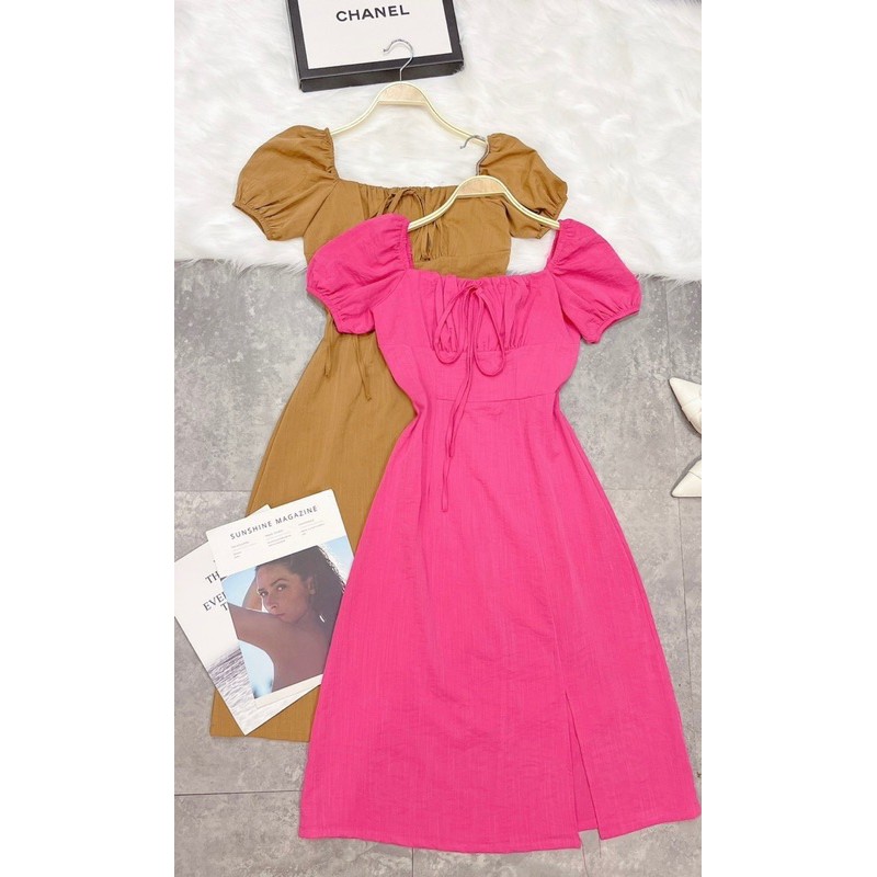 VNU240 - VÁY CỔ VUÔNG BUỘC NƠ NGỰC XẺ VẠT | BigBuy360 - bigbuy360.vn