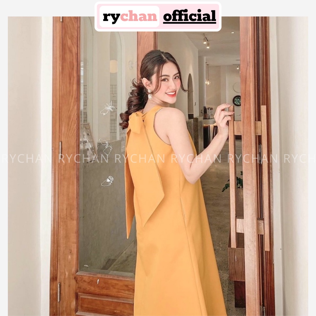 Đầm Thiết Kế Dự Tiệc Cổ Yếm Thắt Nơ Bản Cực Lạ To Dáng Suông Thanh Lịch Màu Hồng Vàng -  DX9892