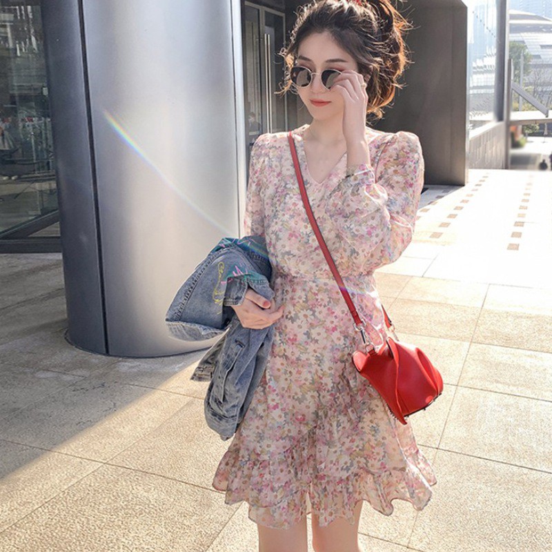 Đầm Ngắn Tay Dài Họa Tiết Hoa Thời Trang Xuân Thu Cho Nữ