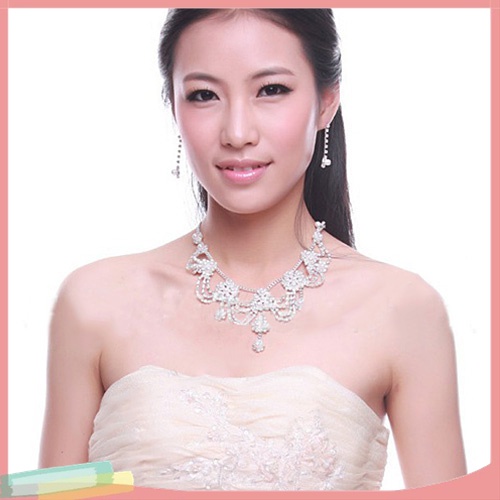 Bộ Vòng cổ + Đôi Khuyên Tai Đính Ngọc Trai Giả Sang Trọng Cho Cô Dâu