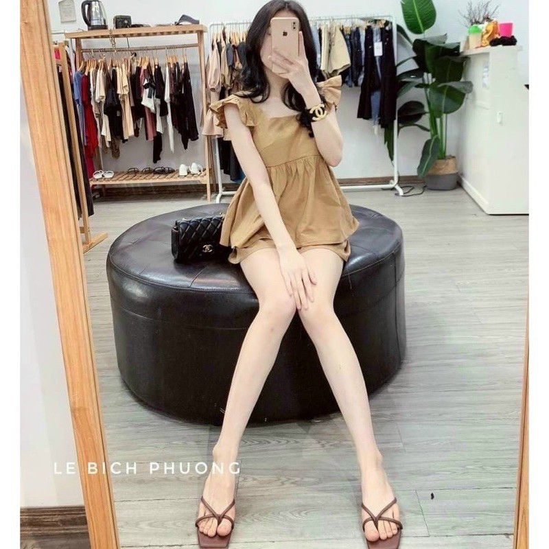 Set Bộ Nữ Áo Babydoll xòe Tay Cánh Tiên Kèm Quần Giả Váy Siêu Dễ Thương chất Vải Đũi Mềm Nhẹ Thoáng Mát