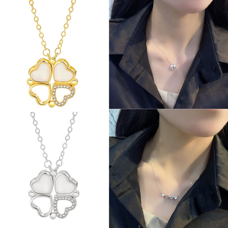 Vòng cổ Mặt Cỏ Bốn Lá Đính Đá Zircon Hình Trái Tim Hở Và Cỏ Bốn Lá