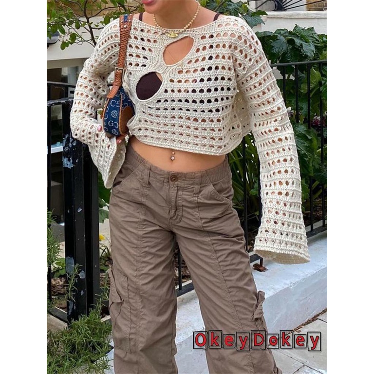 OKDK-Womens y2k Cover Up Hollow Out Long Flared Sleeve Crochet Knitted Crop Tops