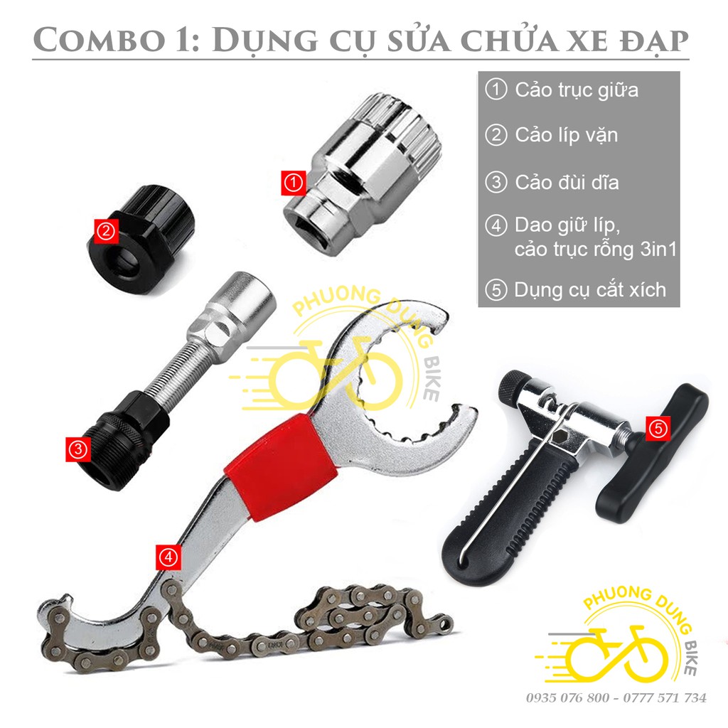 Combo1 - 5 món: Cắt xích, cảo líp vặn thả, trục giữa, đùi dĩa, dụng cụ giữ líp 3in1