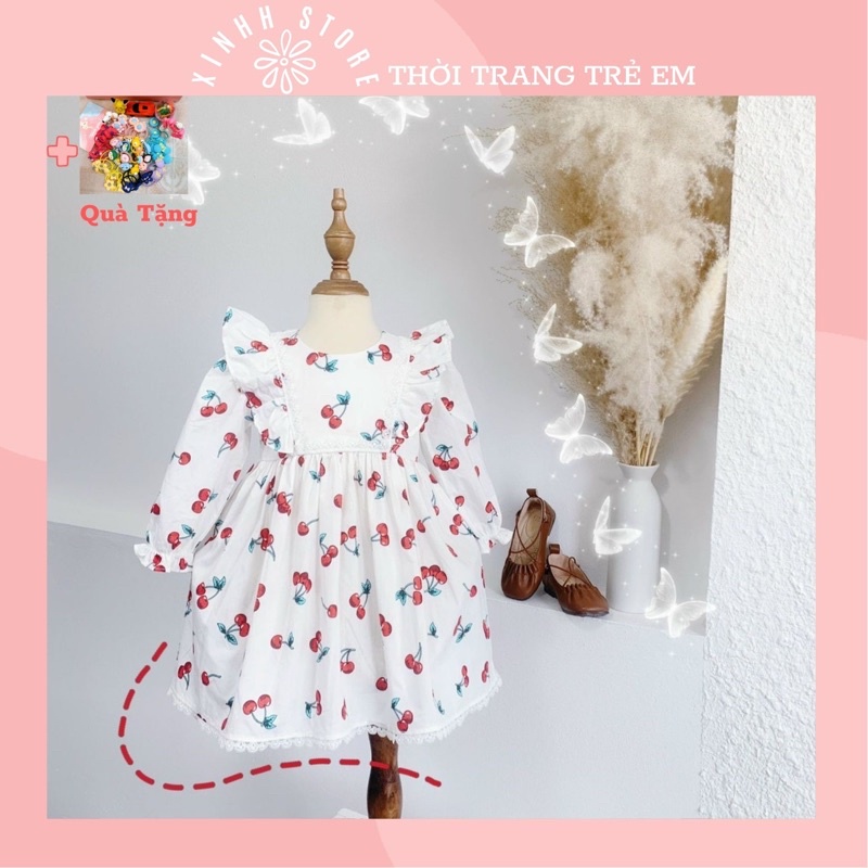 Váy Đầm Công Chúa Xinh Xắn Cho Bé Gái 9-20kg, Váy Dài Tay Hoạc Tiết Cherry Cho Bé