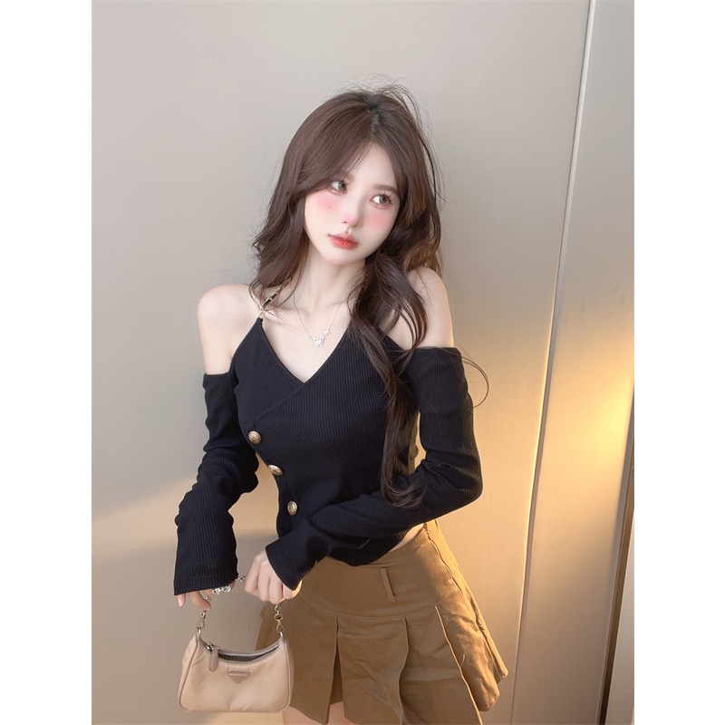 ZHELIHANGFEI Áo Len Tay Dài Cổ Yếm Lưng Cao Kiểu Dáng Sexy