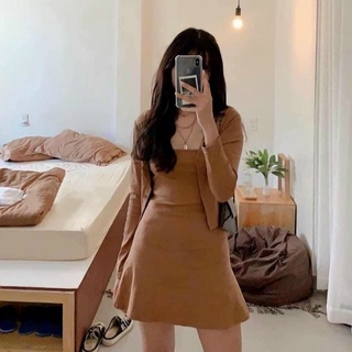 Set đầm thun 2s dáng chữ a kèm khoác croptop chất gân dày dặn