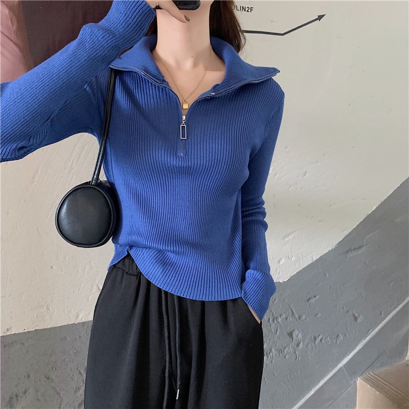 Áo sweater tay dài có dây kéo nửa thời trang mùa thu