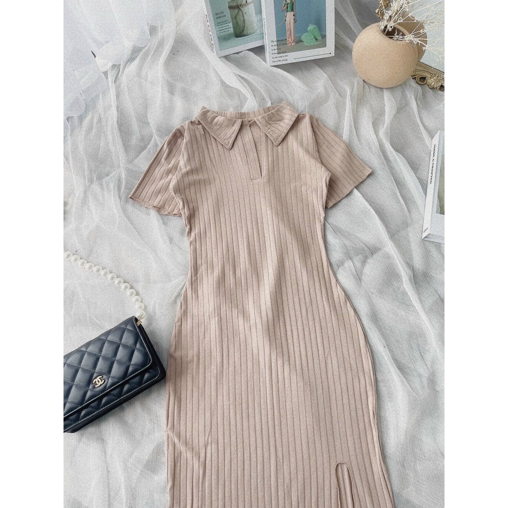 Đầm ôm body xẻ tà cổ sơ mi chất gân mịn, dày dặn tôn dáng | BigBuy360 - bigbuy360.vn