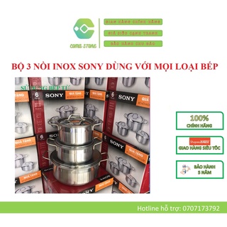 Bộ 3 nồi inox sony dùng với mọi loại bếp kể cả bếp từ, nồi inox 1 đáy nắp inox dày 0.4mm