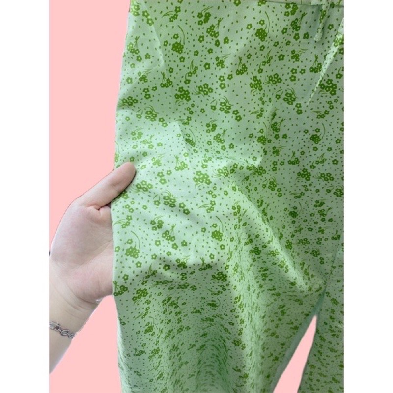 Váy Hoa Xanh nhí Xẻ tà dây rút buộc Ngực, Đầm hoa Tiểu thư