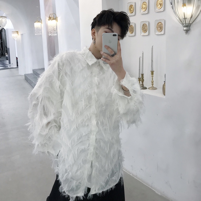 Áo Sơ Mi Dài Tay Xuyên Thấu Hình Lông Vũ Thời Thượng Phong Cách Phương Tây Cho Nam DJ