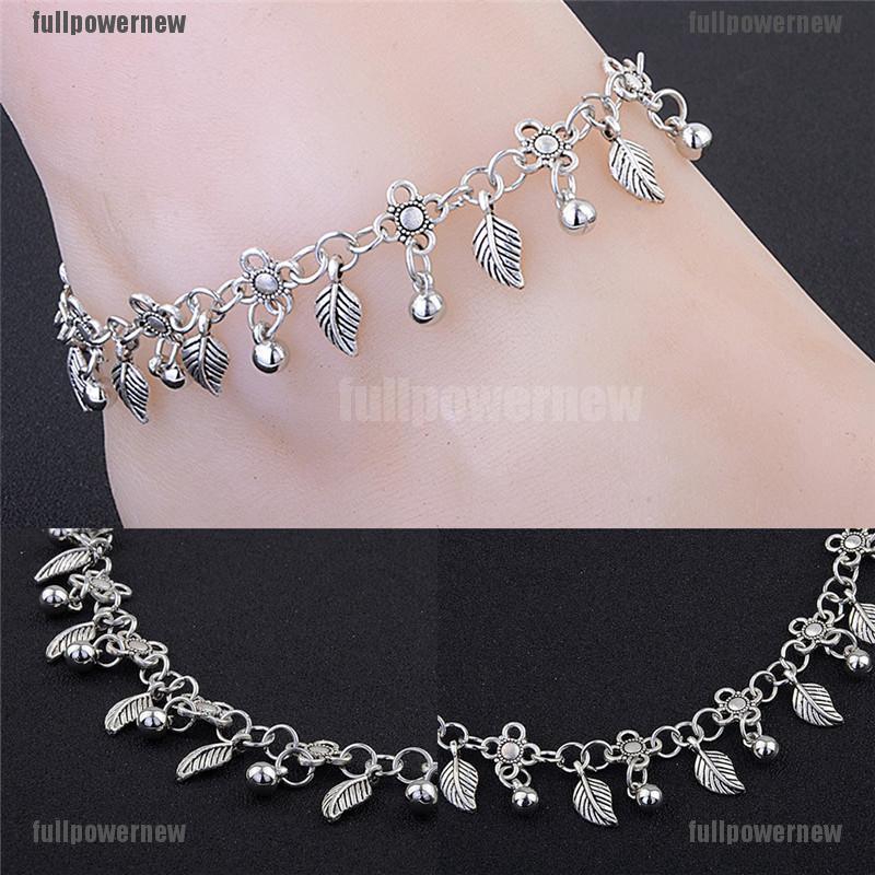 Lắc chân mắt xích kim loại đính hình chiếc lá và đồng xu phong cách Bohomian