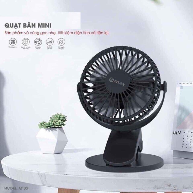 Quạt mini Tích Điện và kẹp bàn 3 tốc độ gió chống ồn chính hãng TITAN | BigBuy360 - bigbuy360.vn