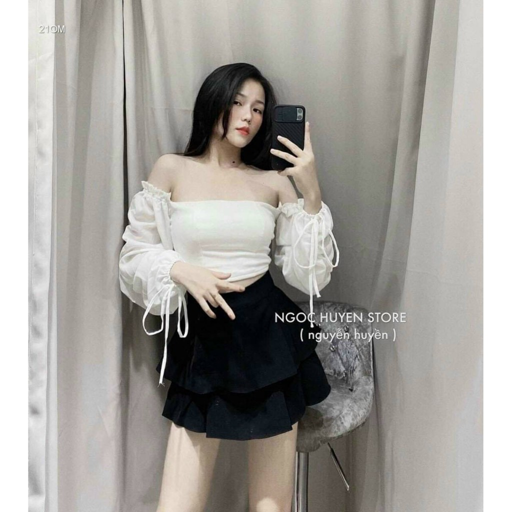 Áo kiểu trễ vai tay bồng rút , kèm mút ngực cực xinh
