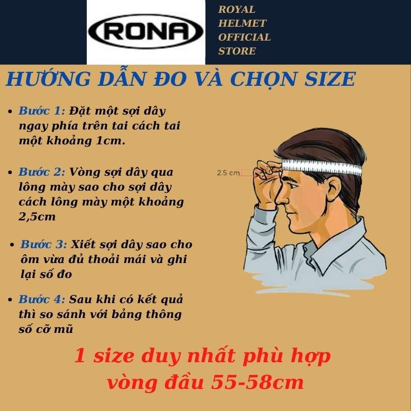 Mũ bảo hiểm 3/4 RONA R8 chính hãng đi xe máy cho nam và nữ chu vi vòng đầu phù hợp từ 55-58cm