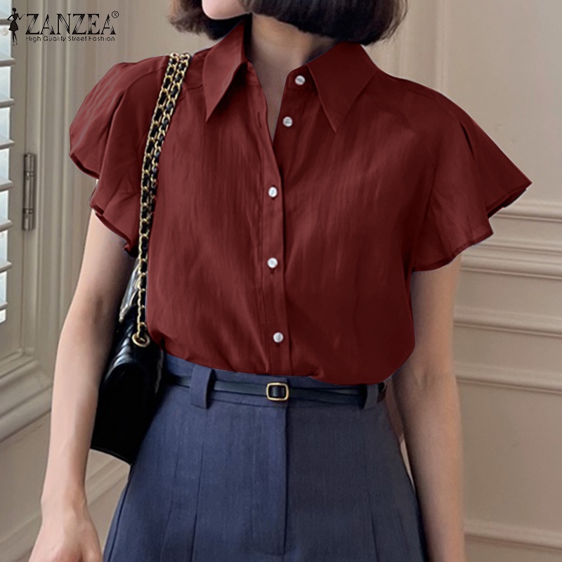 ZANZEA Áo Kiểu Tay Ngắn Cài Nút Trước Thời Trang Cho Nữ