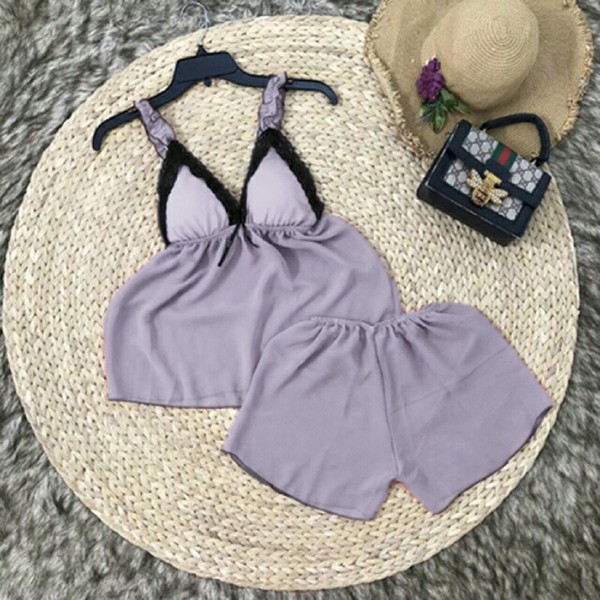 Bộ Ngủ Voan Sexy Phối Ren Đen, Có Mút Ngực