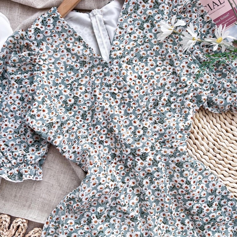 Đầm Hoa Xoè Vintage Tay Bo Dễ Thương