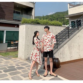 Set đồ cặp đi biển hè ❤️FREESHIP❤️ Áo sơ mi Váy đôi hoa đi biển AV54