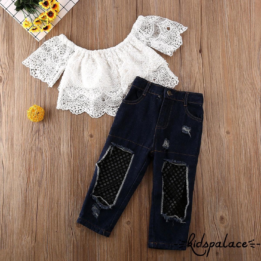 Set Áo Ren Hoa + Quần Jeans Rách Cho Bé Gái