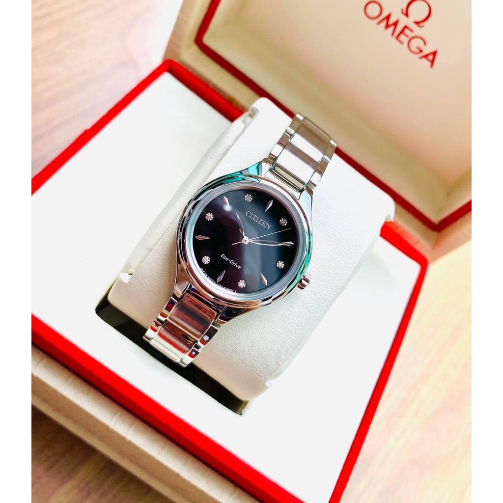 Đồng hồ nữ Citizen FE2100-51E dây bạc, mặt đen - Size 29mm