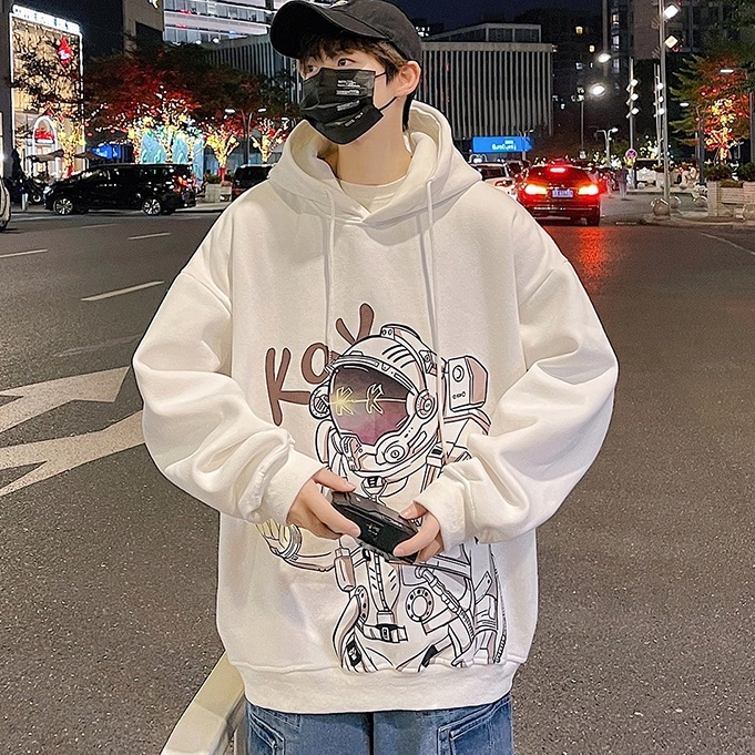 Áo hoodie dáng rộng in họa tiết phi hành gia phong cách Hong Kong thời trang dành cho nam