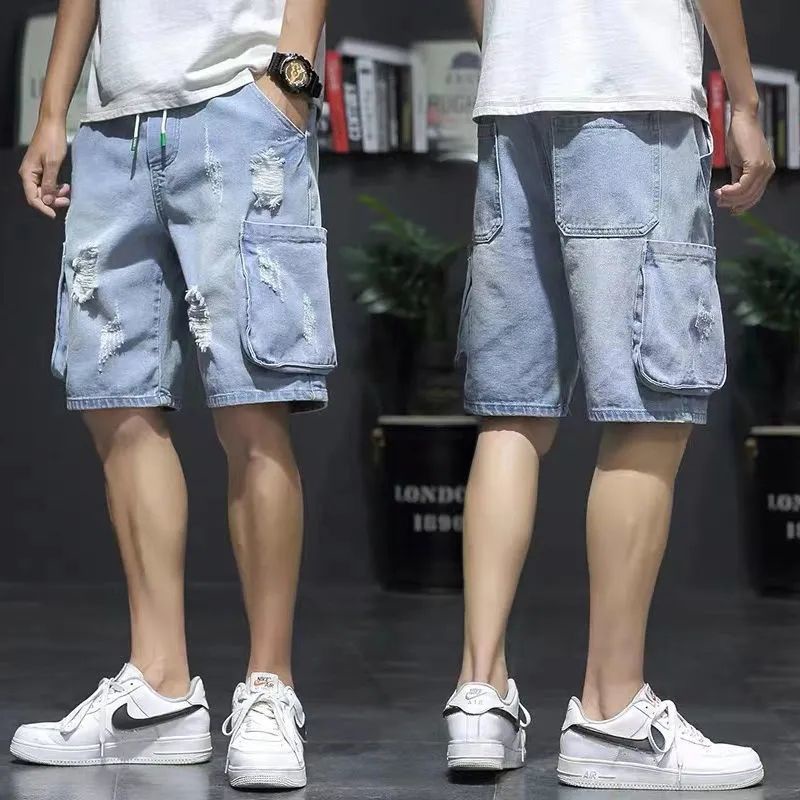 Quần Short Denim Ống Rộng Rách Gối Thời Trang Dành Cho Nam