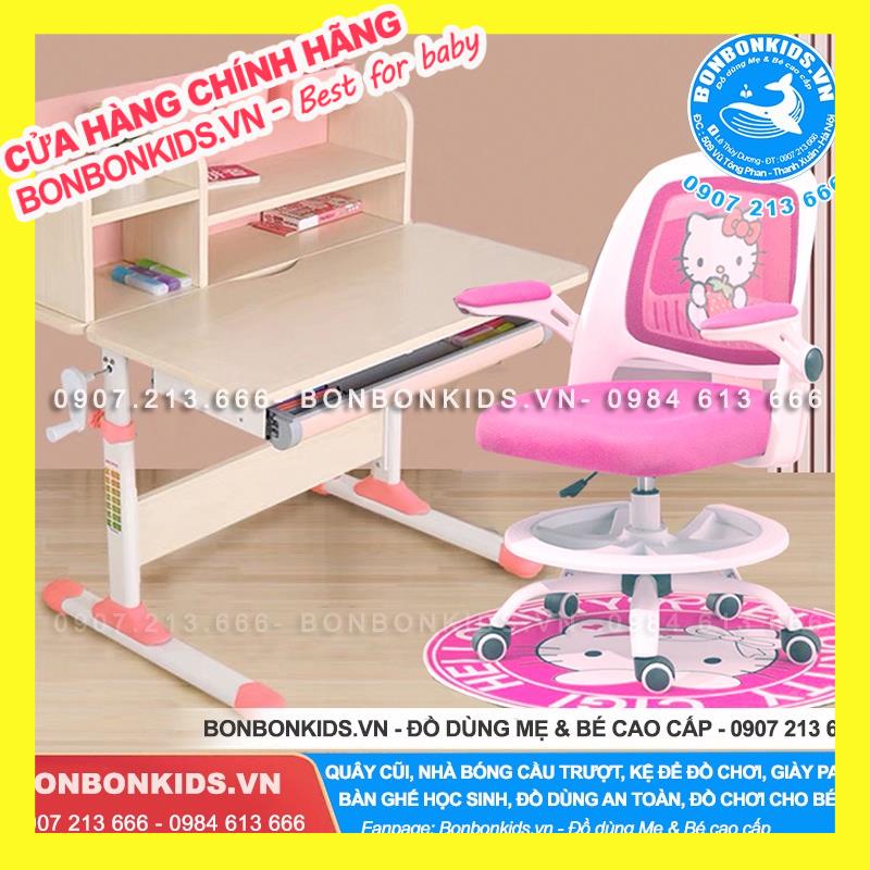 Bộ bàn ghế học chống gù 80cm gỗ tự nhiên Newber G300-250, Ghế Hello Kitty trục cố định, bánh xe tự khóa