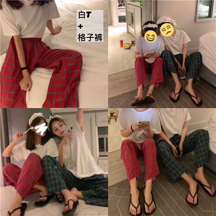 Bộ Đồ Ngủ Áo Thun + Quần Dài Dáng Rộng Họa Tiết Sọc Caro Phong Cách Hàn Quốc Thời Trang Mùa Hè Cho Nữ | BigBuy360 - bigbuy360.vn