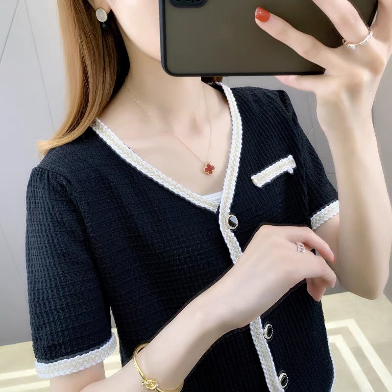 Áo sơ mi kiểu hàn quốc nữ croptop tay ngắn dệt kim cổ V cúc ngọc viền thời trang thiết kế cao cấp