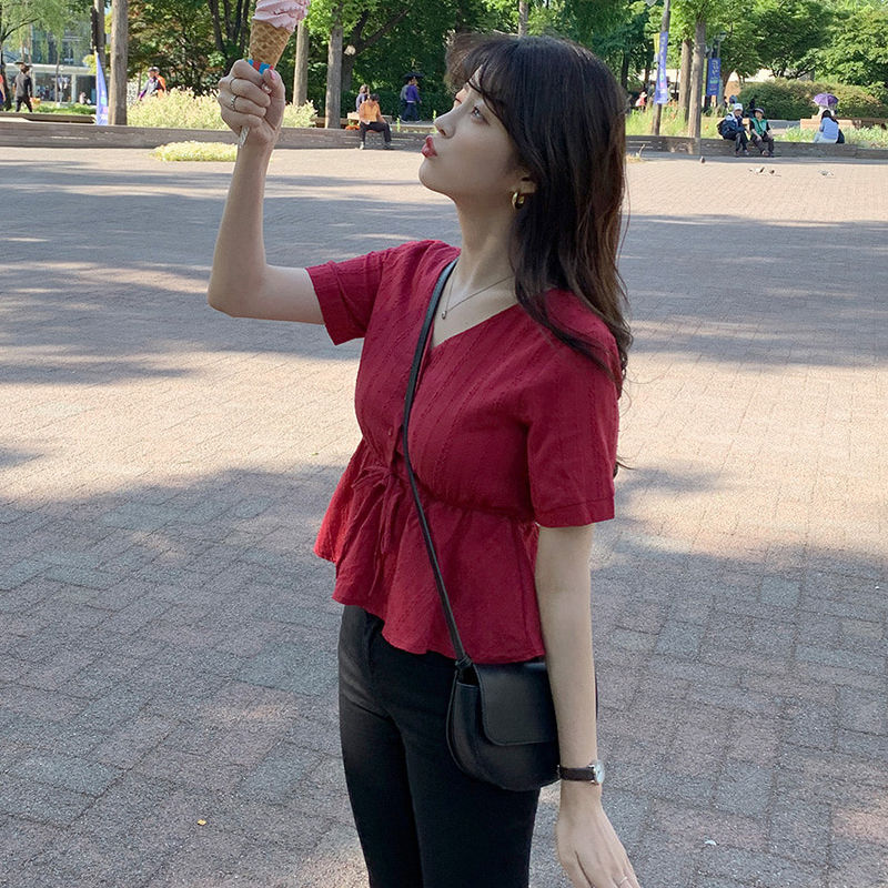Áo peplum Tay Ngắn Cổ Chữ V Thắt Eo Hàng Mới