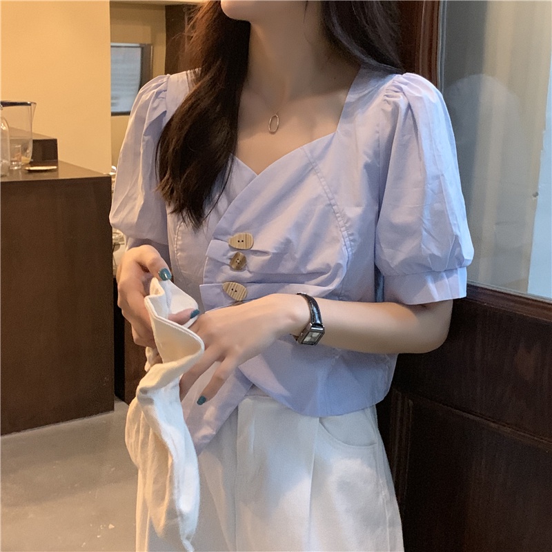 SUXI Áo kiểu tay ngắn cổ chữ v thiết kế lệch tà thời trang mùa hè xinh xắn dành cho nữ