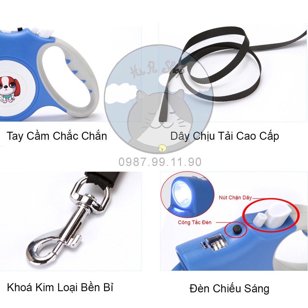 [FullBox]Dây Dắt Chó Mèo Tự Động Kéo Dài Và Thu Dây 5m Dây Dẫn Thú Cưng Dưới 35kg Có Đèn Chiếu Sáng Ban Đêm