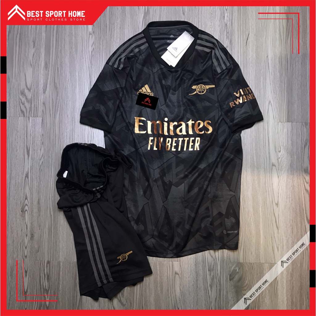 Set quần áo bóng đá Arsenal sân khách Logo thêu 2022/23 - Vải Climacool màu đen form Âu - In ấn tên số theo yêu cầu
