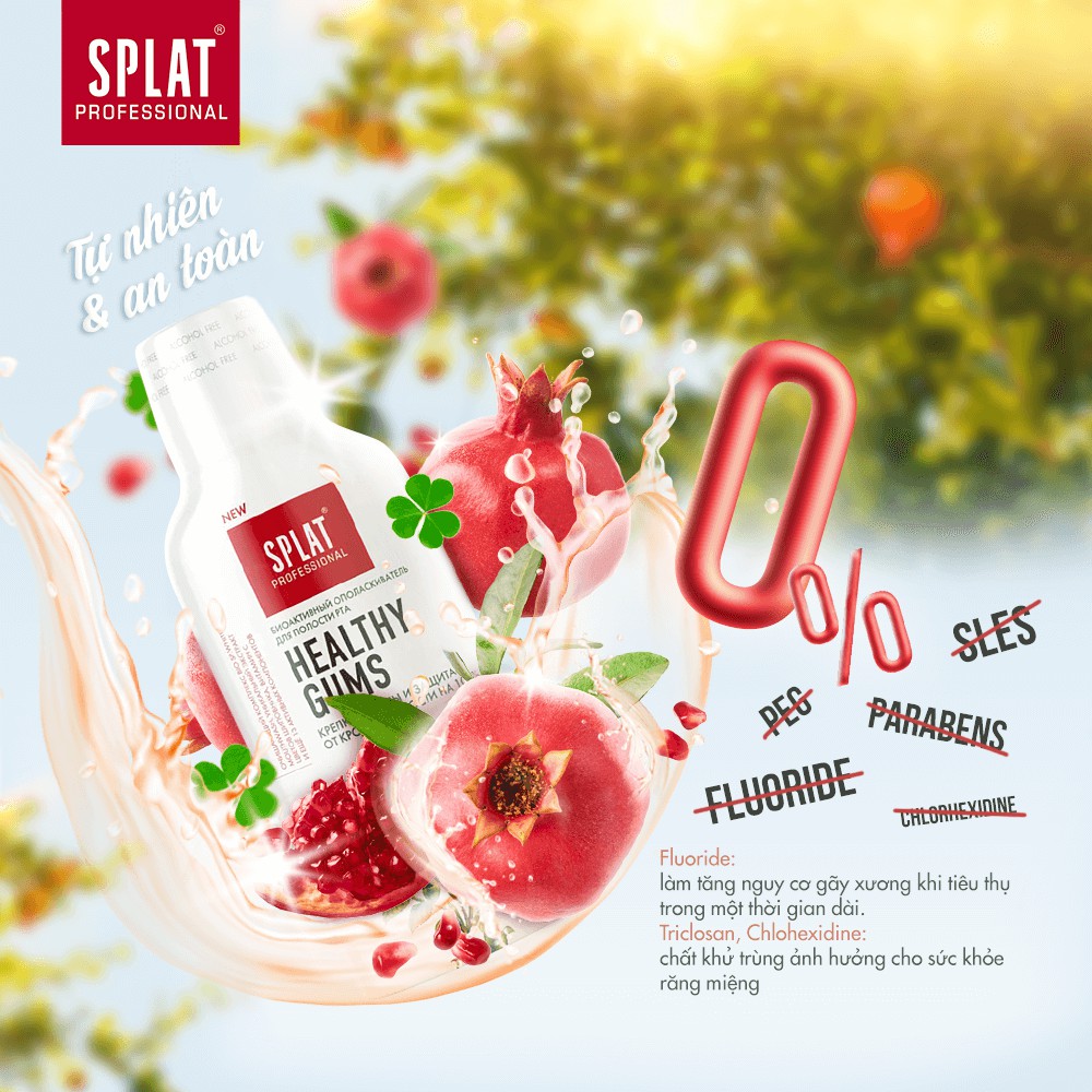 Nước súc miệng thảo mộc Splat 275ml, chăm sóc nướu hương lựu, răng nhạy cảm hương lá thảo, hơi thở thơm mát vỏ mộc lan