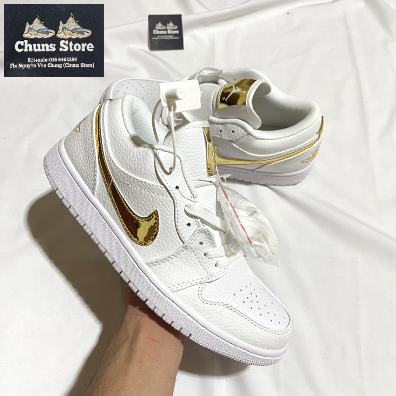 Giày Jordan trắng kẻ vàng da nhăn, giày JD 1 white gold thấp cổ cao cấp full box bảo vệ