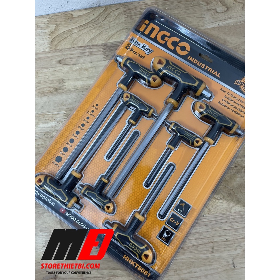 Bộ 8 chìa lục giác tay cầm chữ T đầu bằng2-10mm INGCO HHKT8081