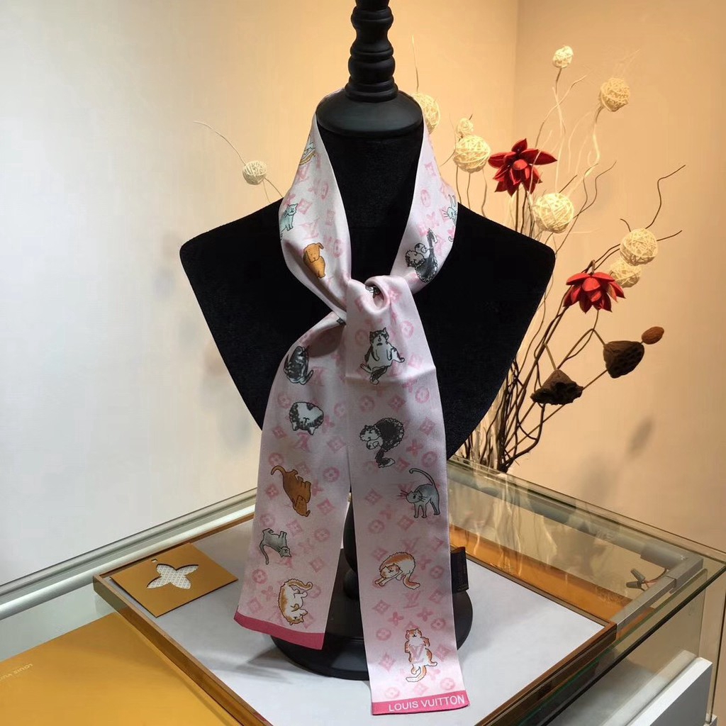 Khăn Choàng Cổ / Túi Xách Bằng Lụa Họa Tiết Mèo Thời Trang 4 Màu Tùy Chọn