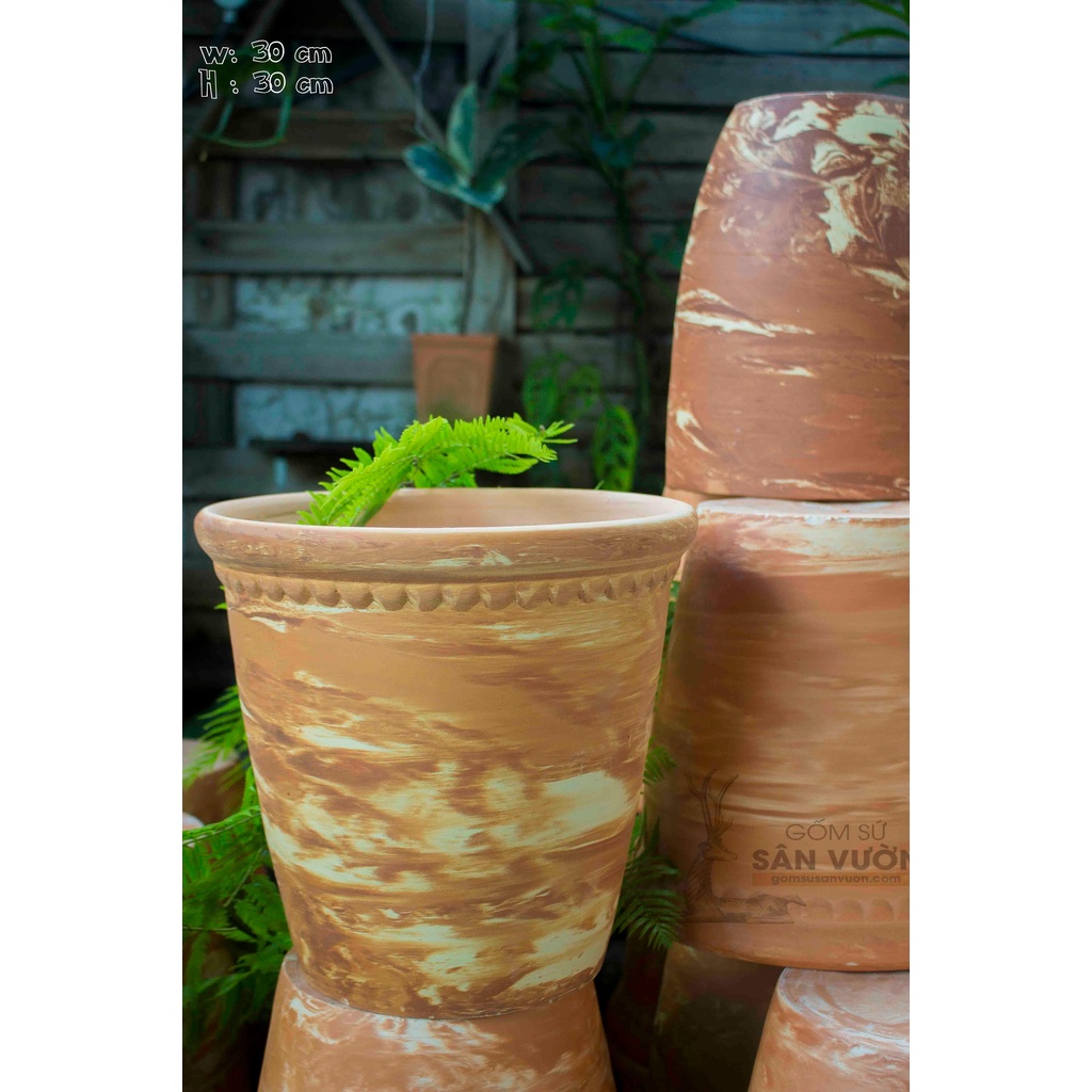 Chậu đất nung size L 30cm. LY RÈM LOANG 30 X 30 . Chậu trồng cây, xuất sứ Bình Dương _  Gốm Sứ Sân Vườn