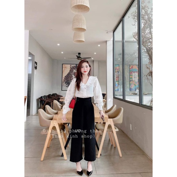 Quần ống rộng lưng cao khóa sườn dáng dài vải tuyết mưa trắng đen be | BigBuy360 - bigbuy360.vn